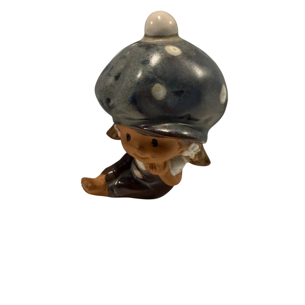 Vintage Ceramic Boy Figurine with Polka-Dot Newsboy Cap, Made in Japan